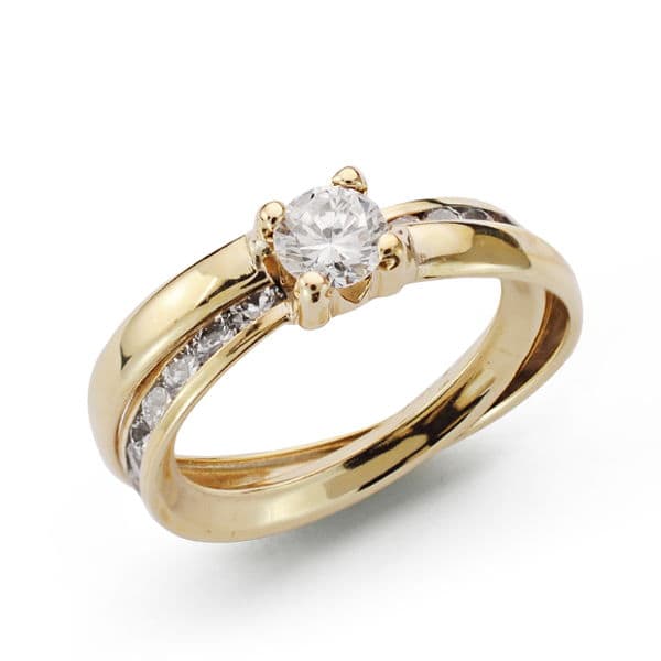 9K Solitario Oro Amarillo Bandas Con Circonitas En Carril Y Circonita Con Garras. Ancho: 5 Mm