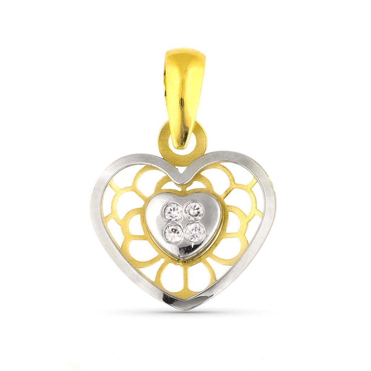 9K Colgante Oro Bicolor Corazon Con Detalles Calados Y Circonitas