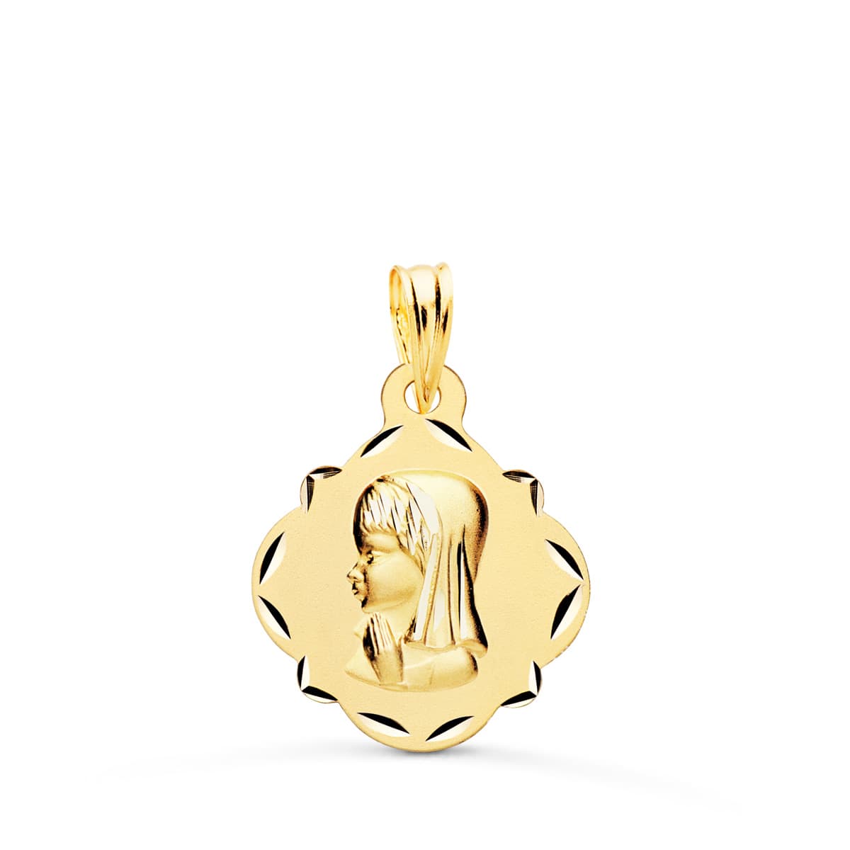 9K MEDALLA ORO AMARILLO VIRGEN NIÑA PERFIL PANDERETA TALLADA 19X16 MM
