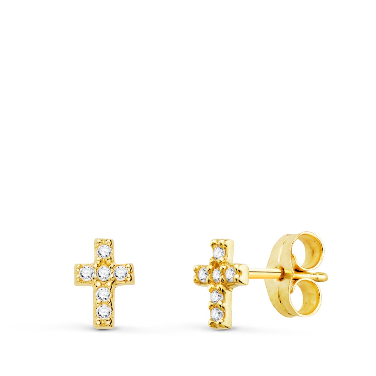 9K Pendientes Oro Amarillo Cruz Diamantes 0.06 Cts Si-H 6X4 Mm Presion