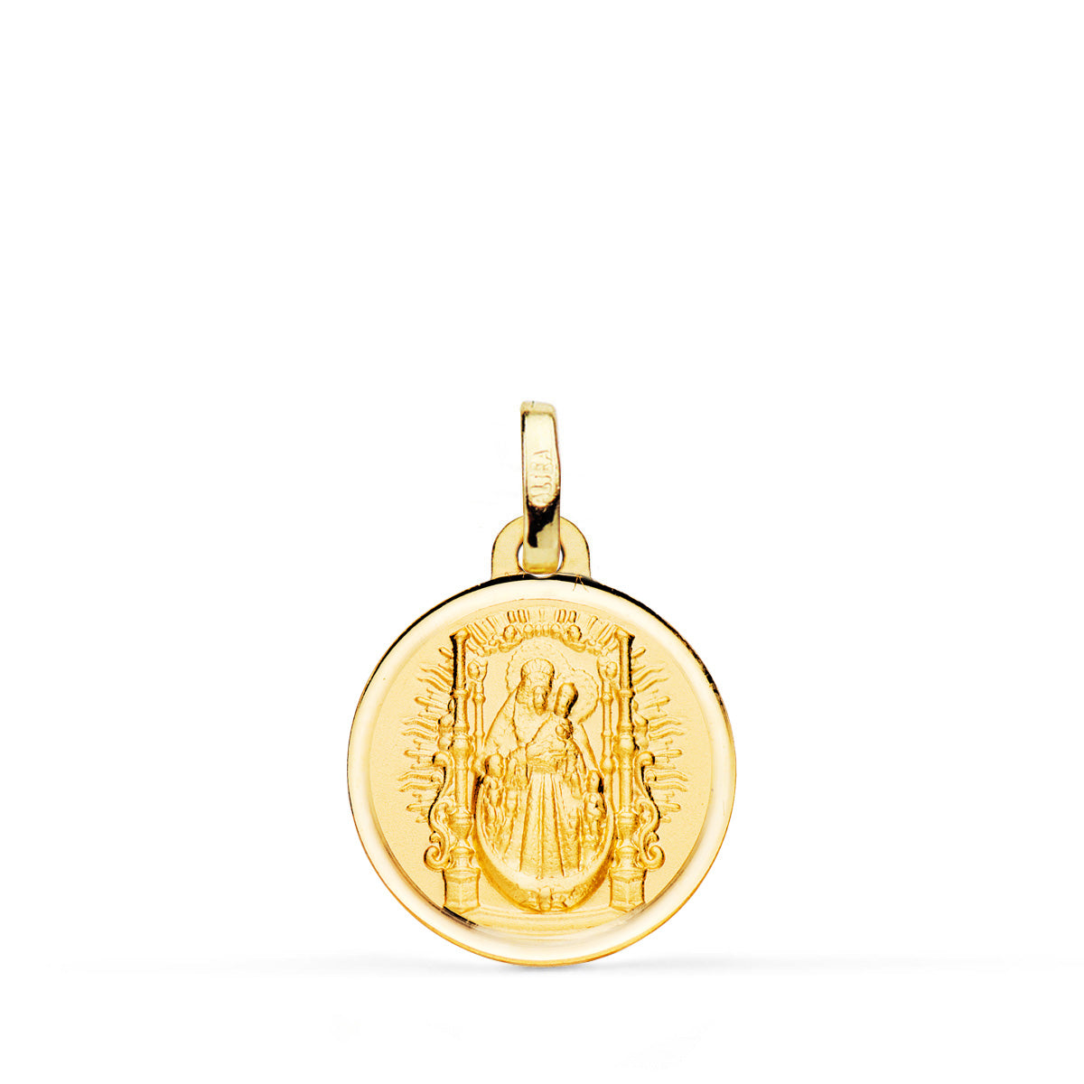 18K MEDALLA ORO AMARILLO VIRGEN DEL PINO TRONO BISEL 18 MM