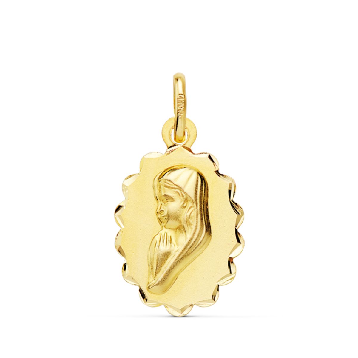 18K MEDALLA ORO AMARILLO VIRGEN NIÑA OVAL CON ARCOS TALLADOS. 16 X 12 MM