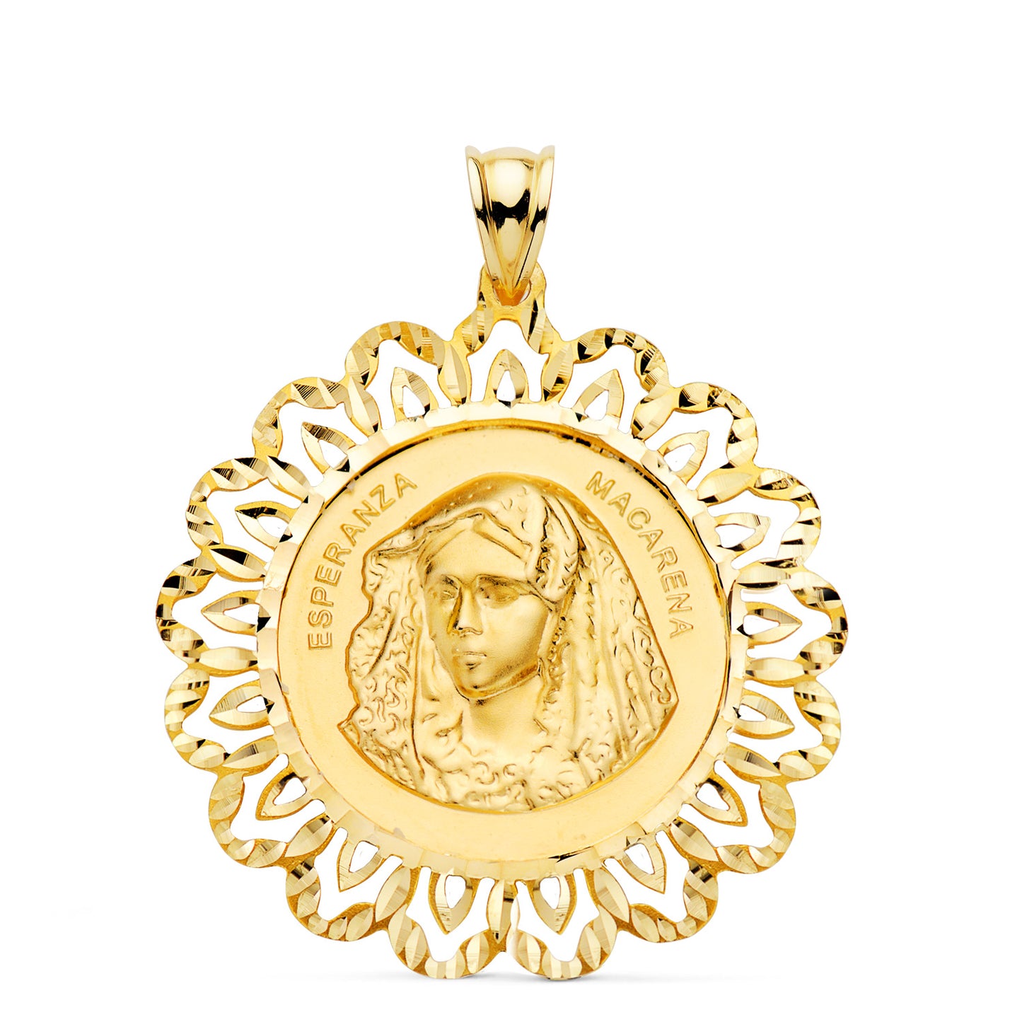 18K MEDALLA ORO AMARILLO VIRGEN MACARENA CERCO TALLADO 34 x 34 MM