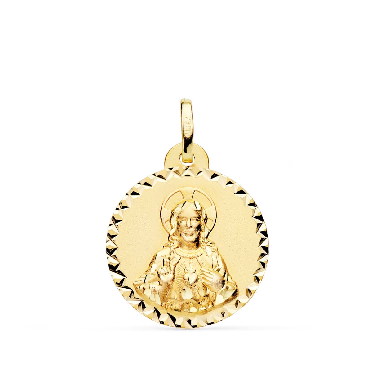 18K MEDALLA ORO AMARILLO CRISTO SAGRADO CORAZON JESUS BRILLO TALLA CRUZADA 20 MM