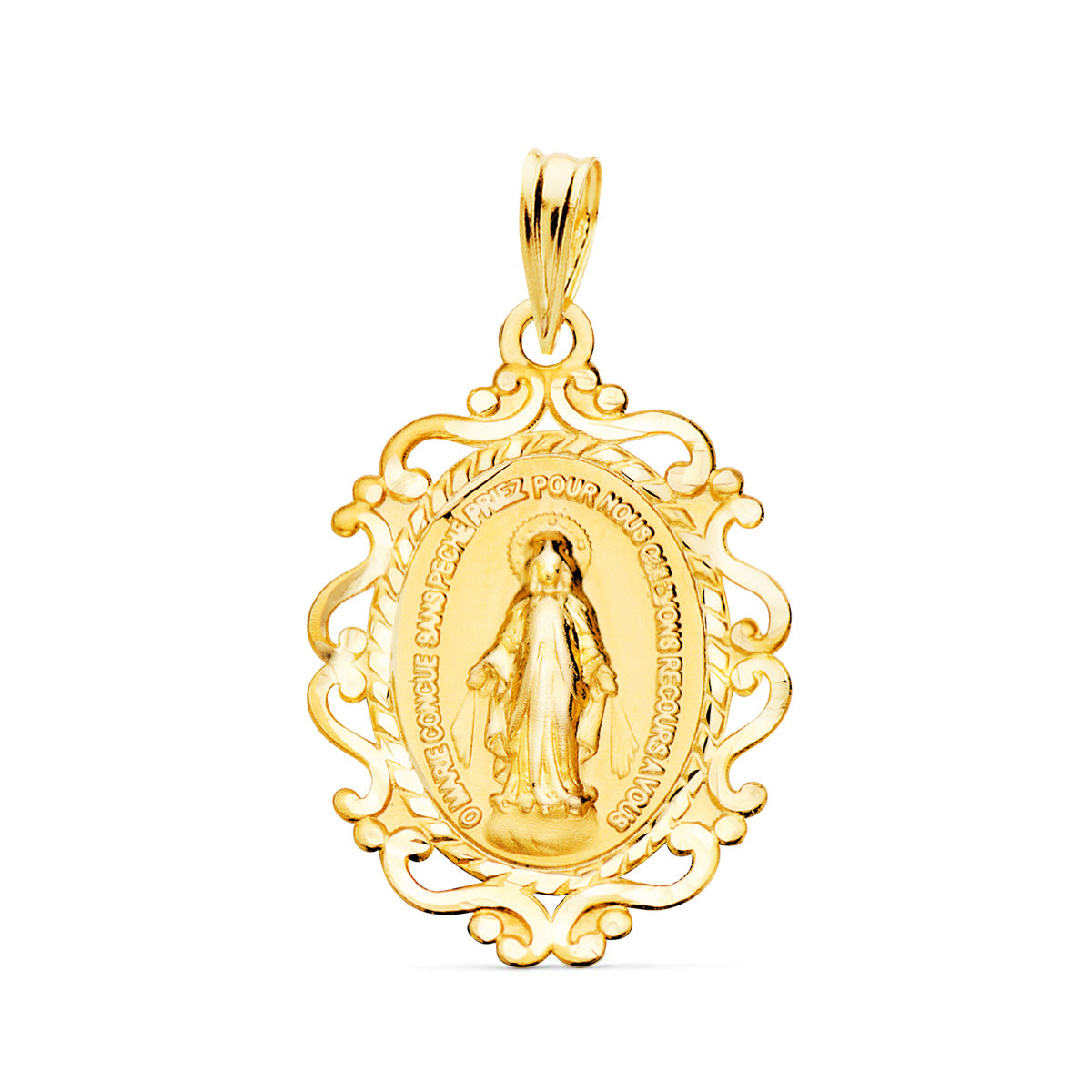 9K Medalla Oro Amarillo Virgen De La Milagrosa Cerco En Frances 23X16 Mm 1.15Gr