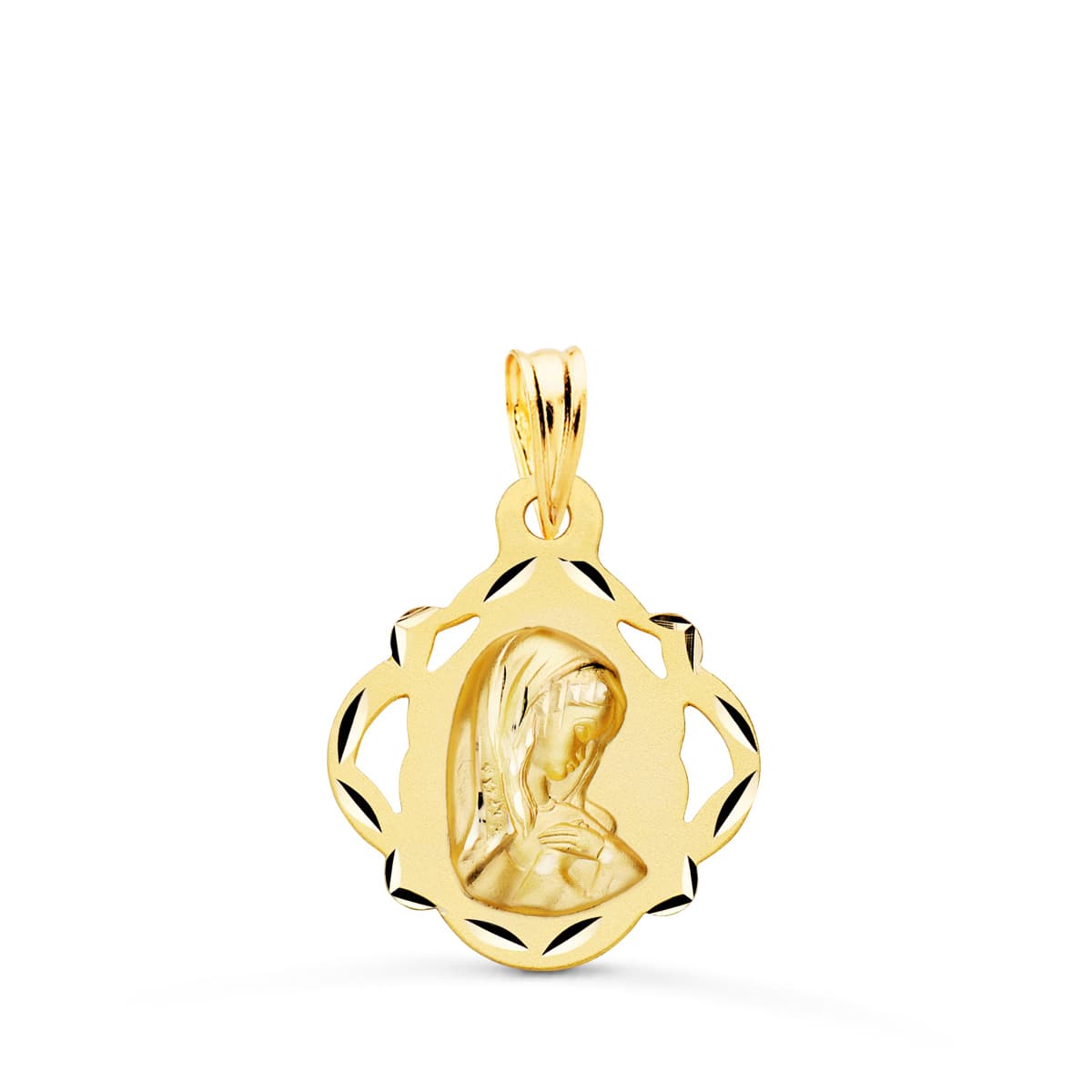 18K MEDALLA ORO AMARILLO VIRGEN NIÑA PANDERETA CALADA 19X16 MM
