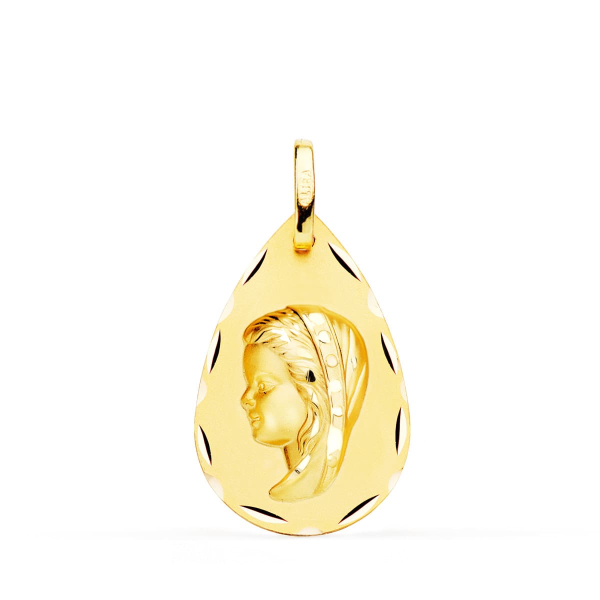 18K MEDALLA ORO AMARILLO VIRGEN NIÑA GOTA TALLA CLASICA 23X15 MM
