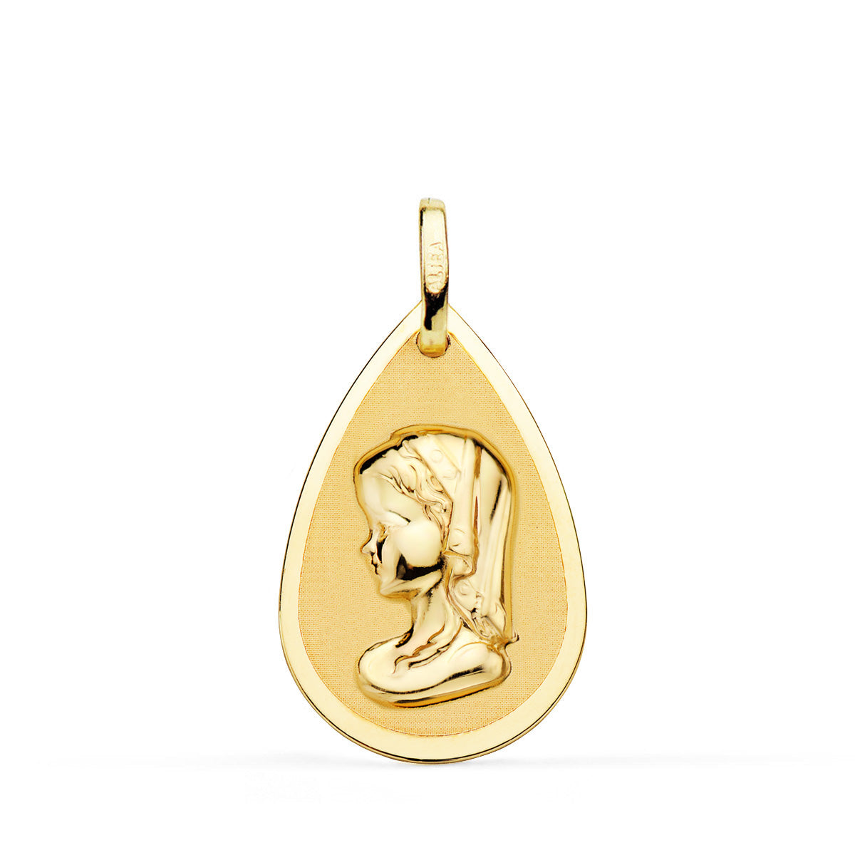 18K MEDALLA ORO AMARILLO VIRGEN NIÑA GOTA EN BRILLO Y MATE 23X15 MM
