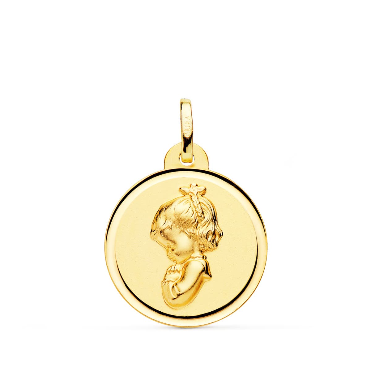 18K MEDALLA ORO AMARILLO VIRGEN NIÑA REZANDO BISEL 20 MM
