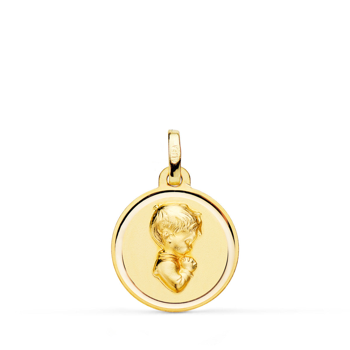 18K Medalla Oro Amarillo Niño De Comunion Perfil Bisel 16 Mm