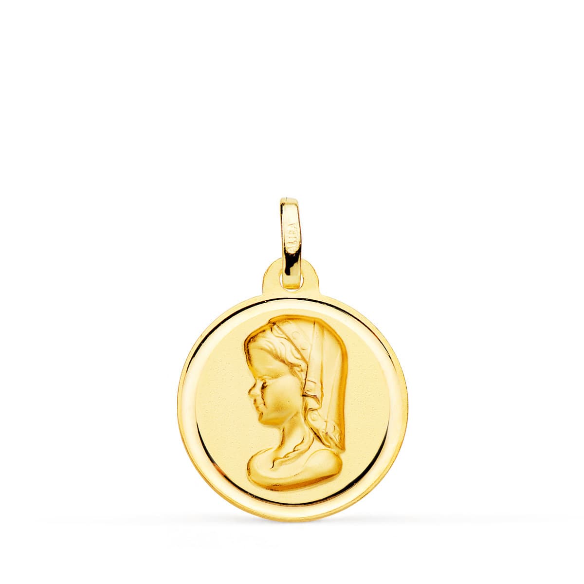 18K MEDALLA ORO AMARILLO VIRGEN NIÑA MATIZADA BISEL 18 MM