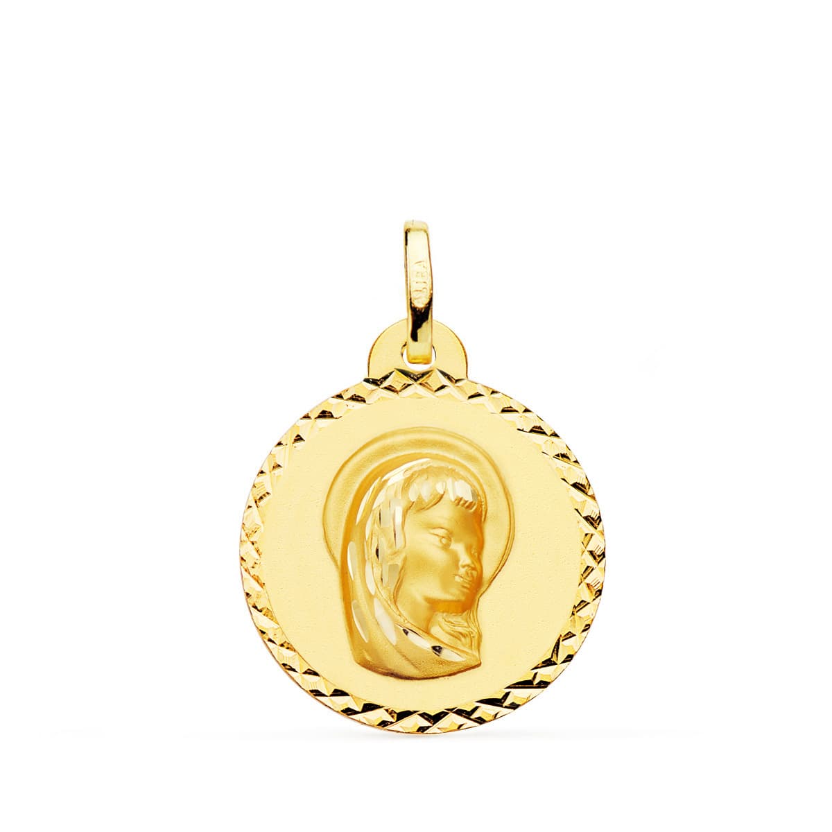 18K MEDALLA ORO AMARILLO VIRGEN NIÑA TALLA CRUZADA 20 MM