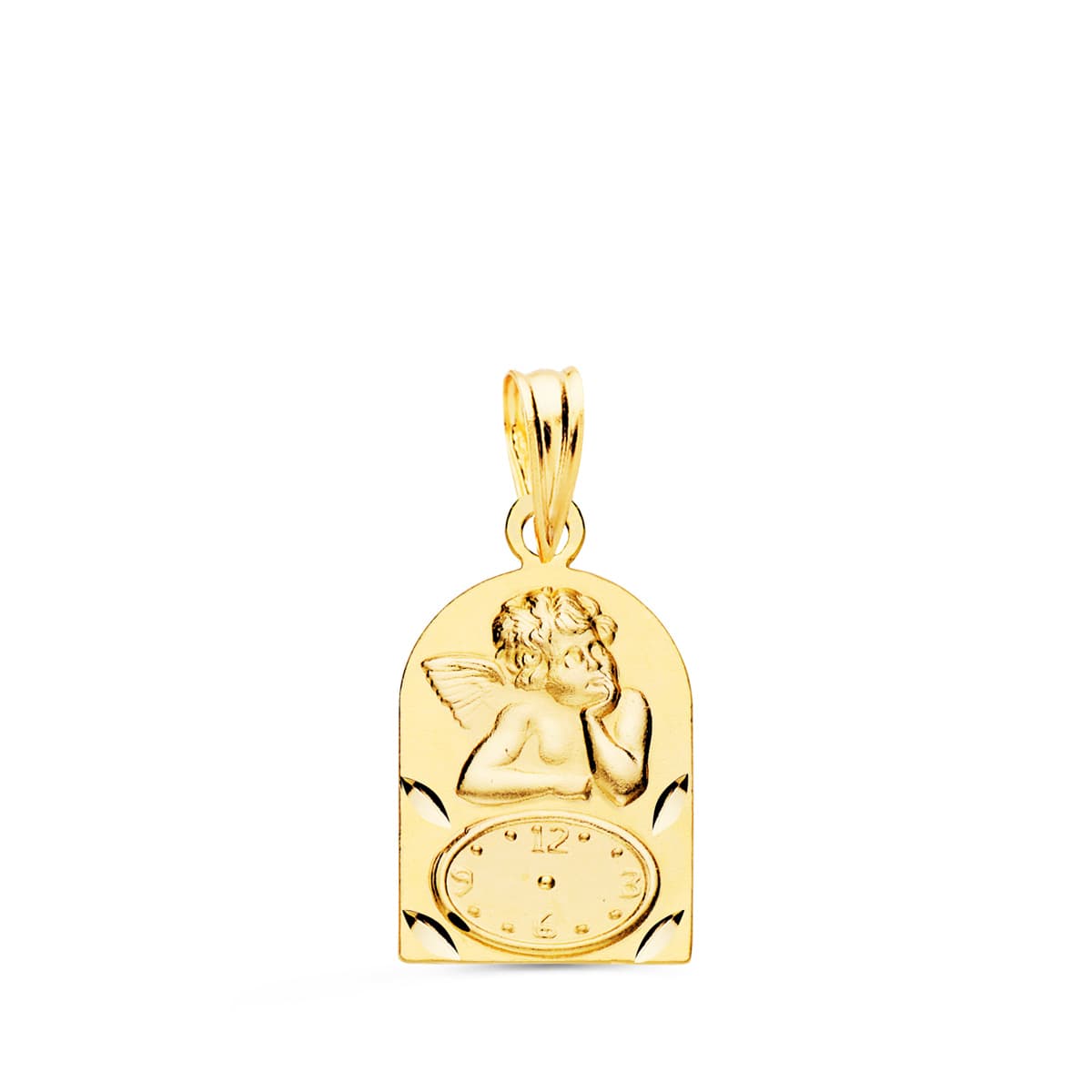 18K Medalla Oro Amarillo Arco Angelito Burol Con Reloj Tallada 18X11 Mm