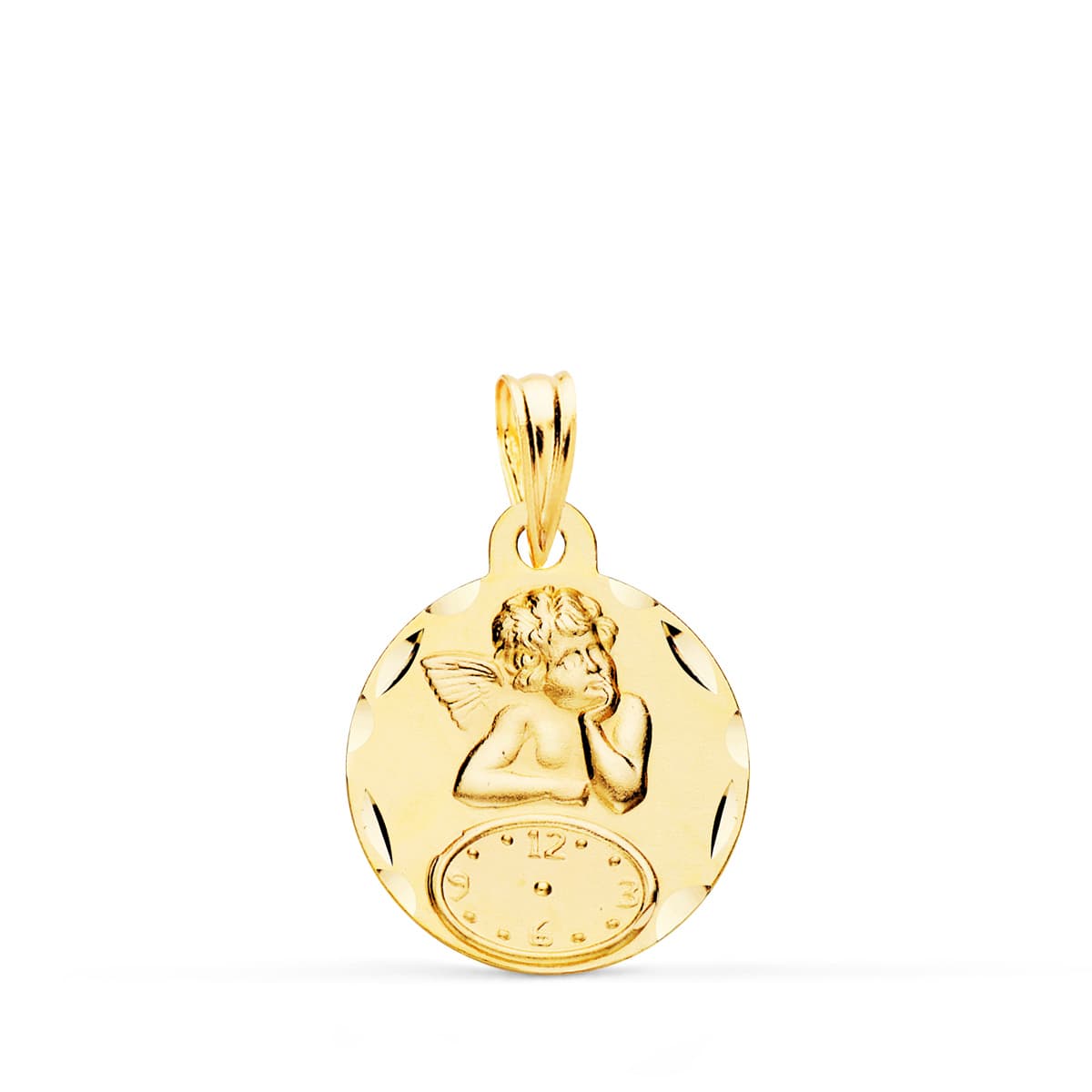 18K Medalla Oro Amarillo Redonda Angelito Burlon Con Reloj Tallada 15 Mm