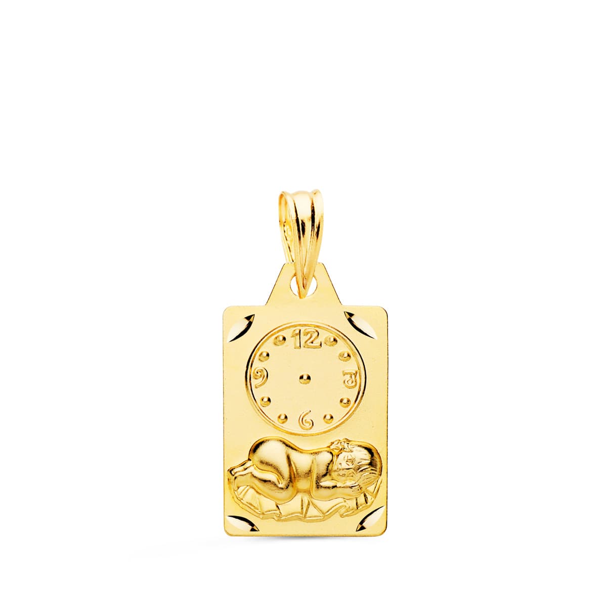 18K MEDALLA ORO AMARILLO RECTANGULO NIÑO DE LA HORA CON RELOJ TALLADA 19X11 MM