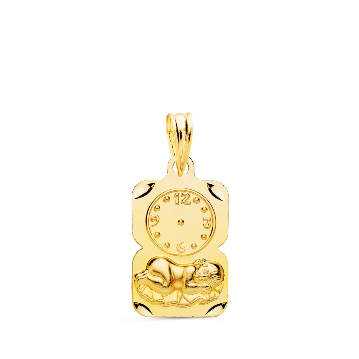 18K Medalla Oro Amarillo Rectangulo Niño De La Hora Con Reloj Tallada 19X11 Mm