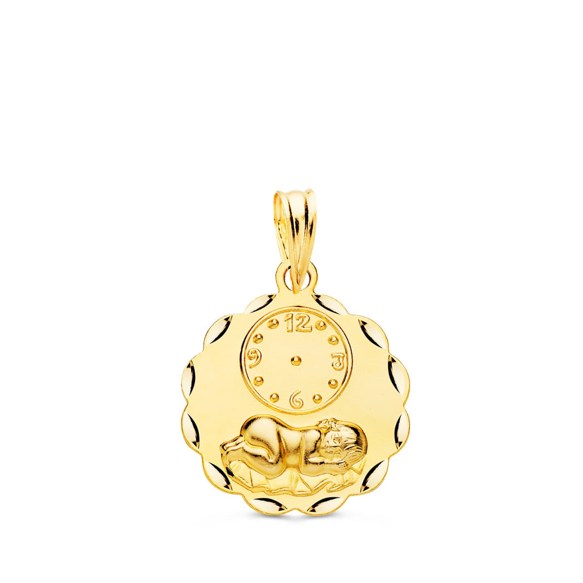 18K MEDALLA ORO AMARILLO REDONDA NIÑO DE LA HORA CON RELOJ TALLADA 16 MM