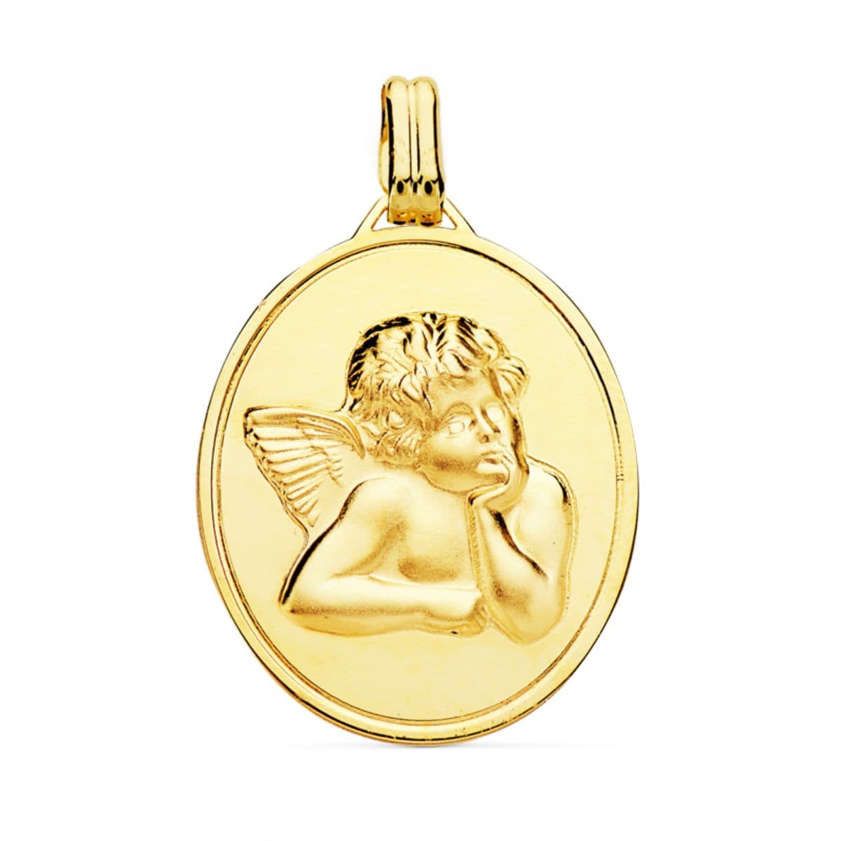18K COLGANTE MEDALLA ORO AMARILLO ACABADO EN BRILLO Y ANGEL BURLON EN MATIZADO 24X18 MM