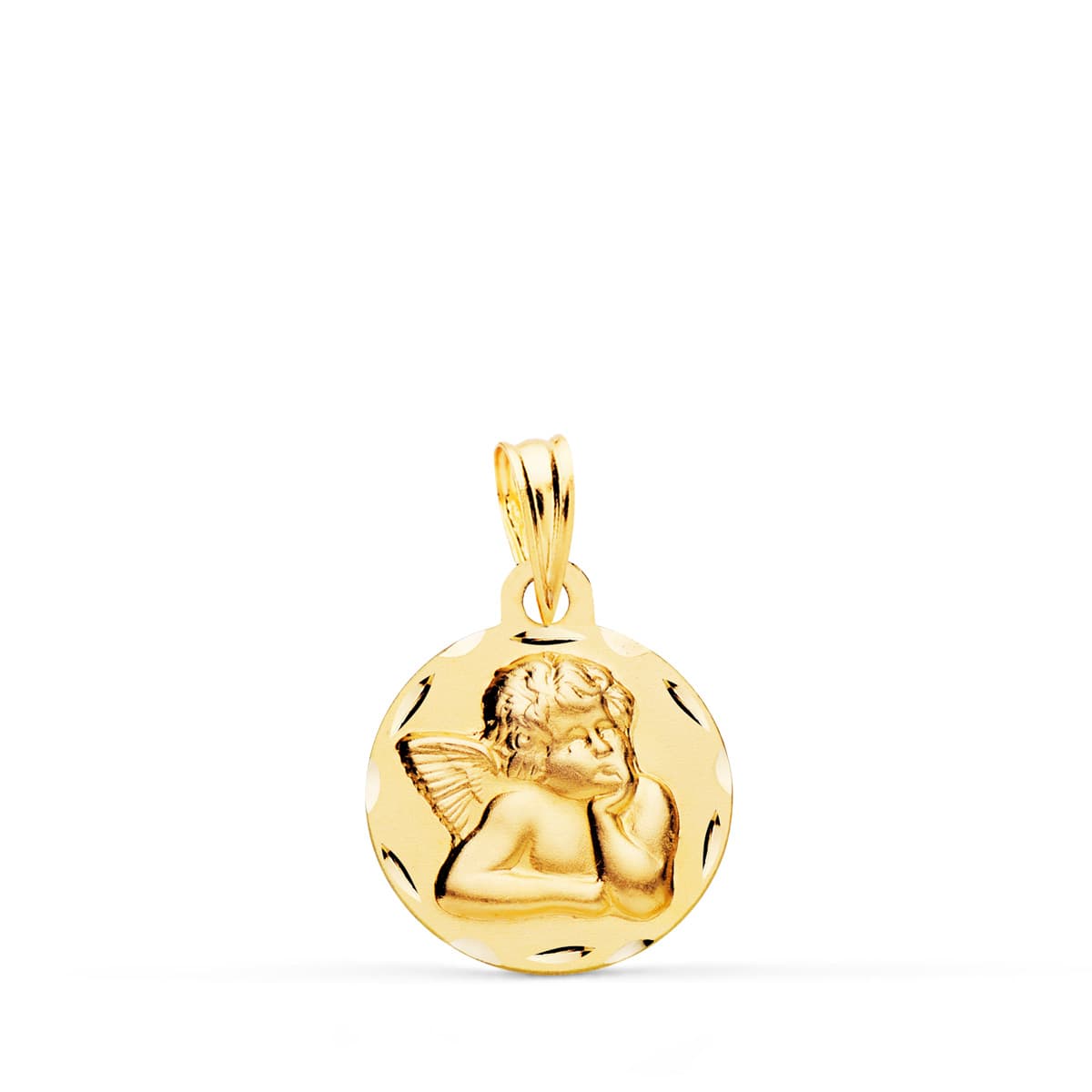 18K MEDALLA ORO AMARILLO REDONDA ANGELITO BURLON TALLADA 14 MM