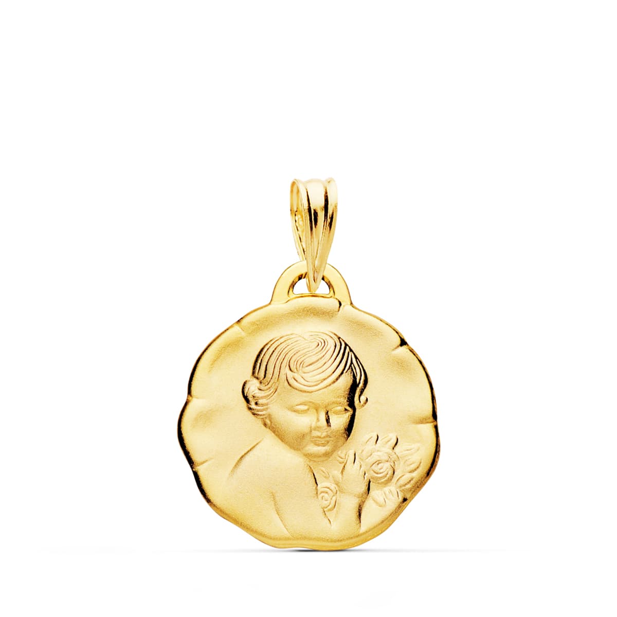 18K Medalla Oro Amarillo Angel Niño De La Flor 17 Mm