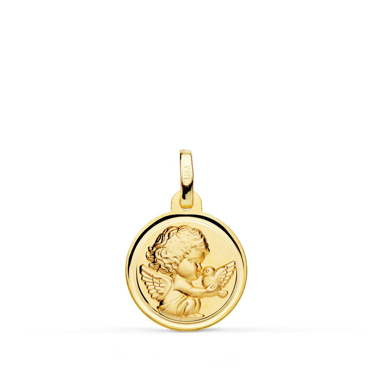 18K Medalla Oro Amarillo Angel Niño Burlon Con Pajaro Bisel 14 Mm