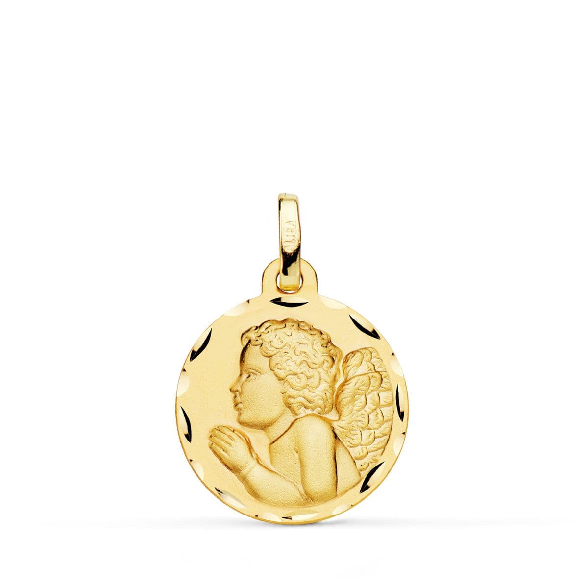 18K MEDALLA ORO AMARILLO ANGEL NIÑO PIADOSO REZANDO TALLADO 18 MM