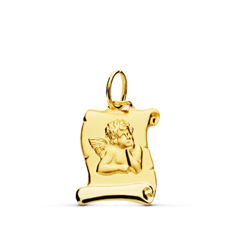 9K MEDALLA ORO AMARILLO COLGANTE PERGAMINO ANGELITO BURLON. 16X12 MM