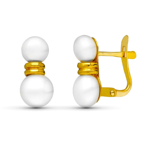 18K Pendientes Oro Amarillo Tu Y Yo Perla 12X5 Mm Cierre Catalan