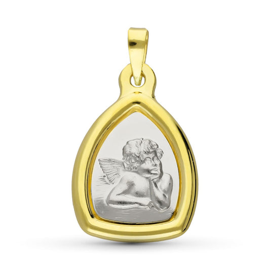 18K Medalla Oro Amarillo Oro Bicolor Angel Burlon. 24X16 Mm