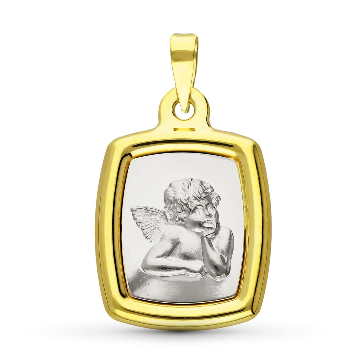 18K Medalla Oro Amarillo Oro Bicolor Angel Burlon. 23X16 Mm