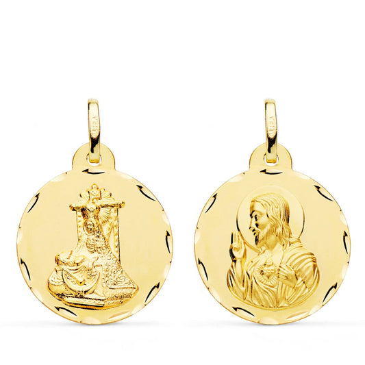 18K MEDALLA ORO AMARILLO ESCAPULARIO ORO AMARILLO VIRGEN DE LAS ANGUSTIAS Y CORAZON DE JESUS TALLADA 22 MM