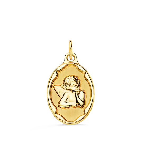 18K Medalla Oro Amarillo Oval Angelito Burlon Brillo Con Cerco Brillo 17X13 Mm