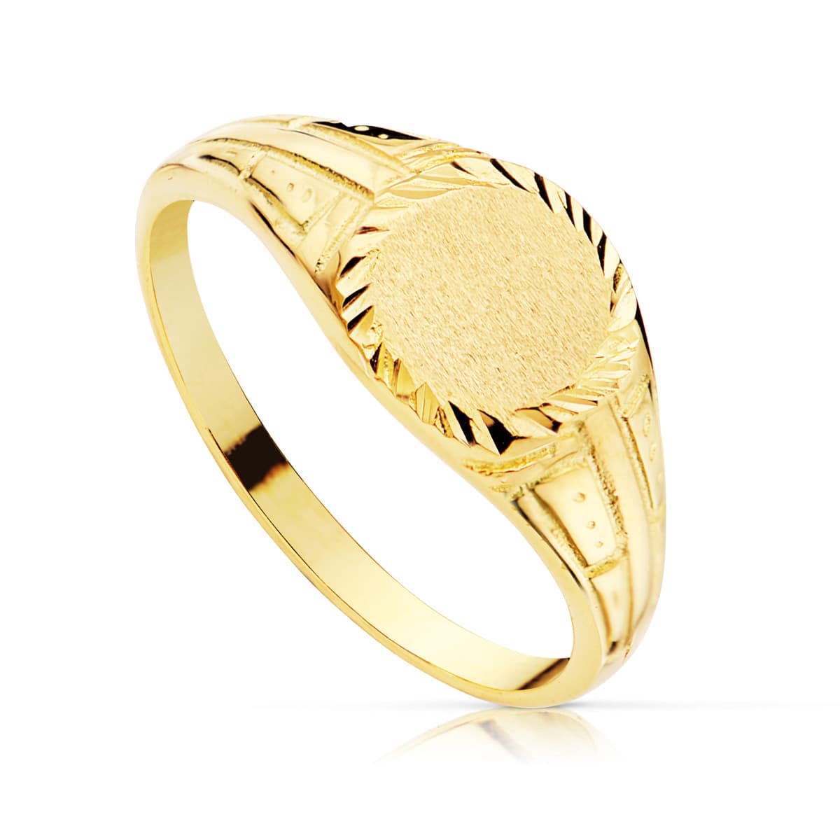 18K Sello Oro Amarillo Macizo Tallado Zona Grabado Redonda 7 Mm