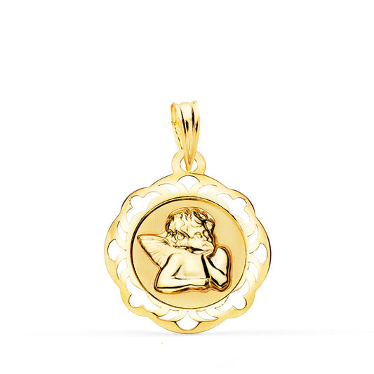 18K MEDALLA ORO AMARILLO ANGELITO BURLON BRILLO CON CERCO CALADO 17X17 MM