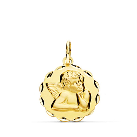 18K MEDALLA ORO AMARILLO ANGELITO BURLON ARCOS TALLADOS 14 MM LIGERO