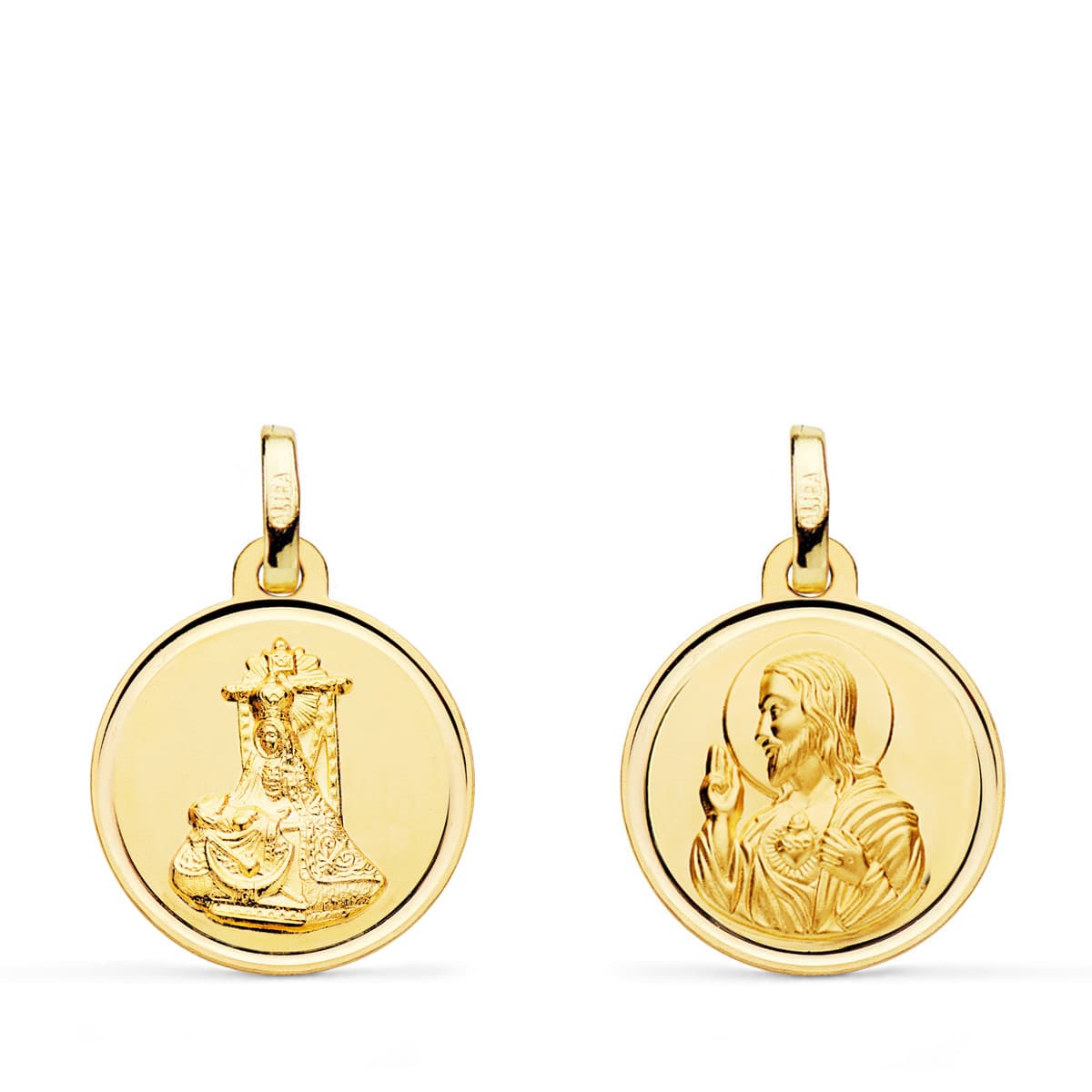 18K MEDALLA ORO AMARILLO ESCAPULARIO ORO AMARILLO VIRGEN DE LAS ANGUSTIAS Y CORAZON DE JESUS BISEL 16 MM