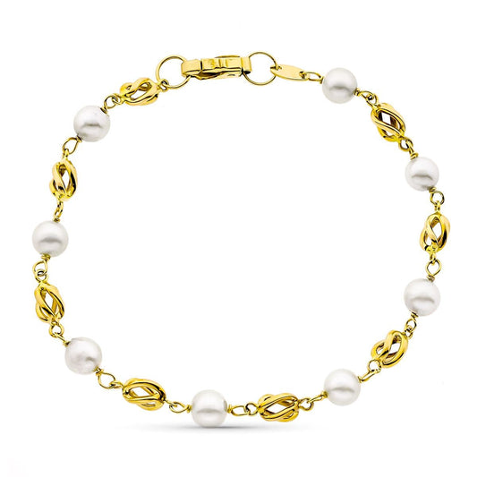 18K Pulsera Oro Amarillo 17Cm Jaula Y Perla Cultivada De 5.50 Mm