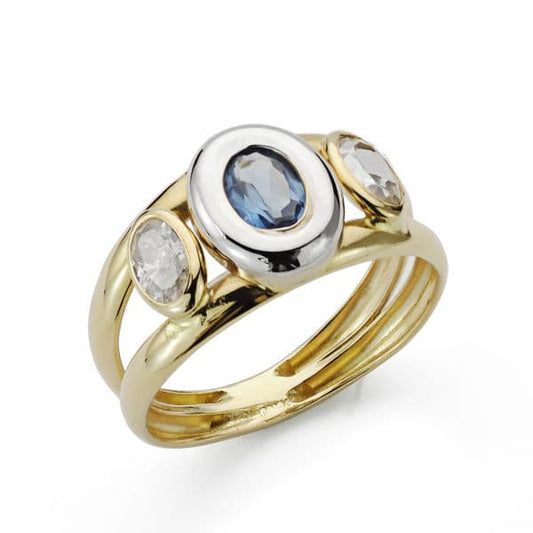 9K Sortija Oro Bicolor Piedra Doble Cuerpo Con Circonita Aguamarina Oval En Bocel. Ancho: 10 Mm