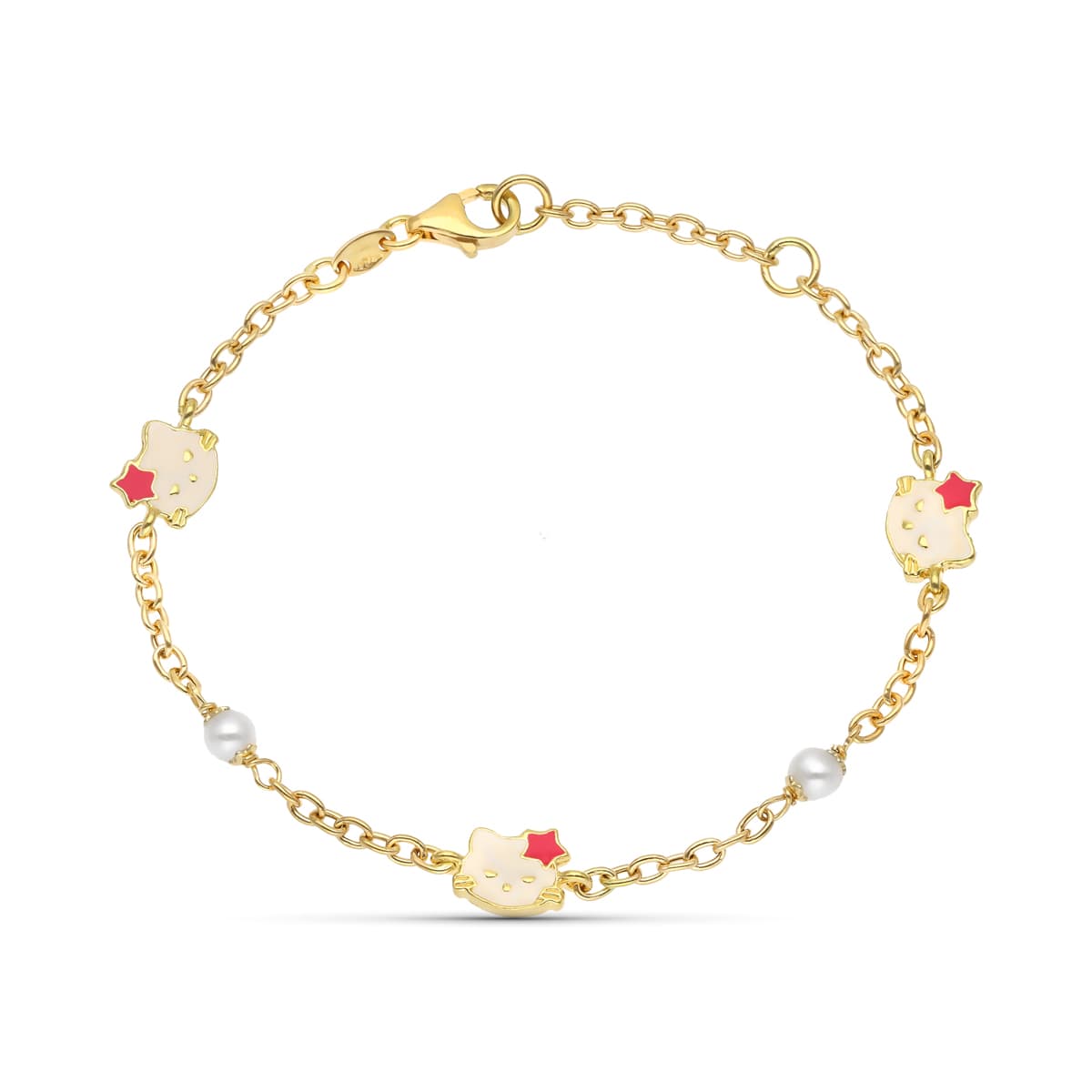 18K Pulsera Oro Amarillo Perla Y Esmalte Gato 18Cm