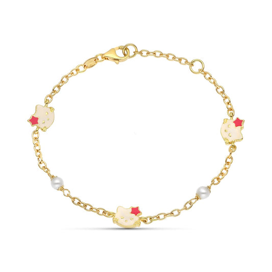 18K Pulsera Oro Amarillo Perla Y Esmalte Gato 18Cm