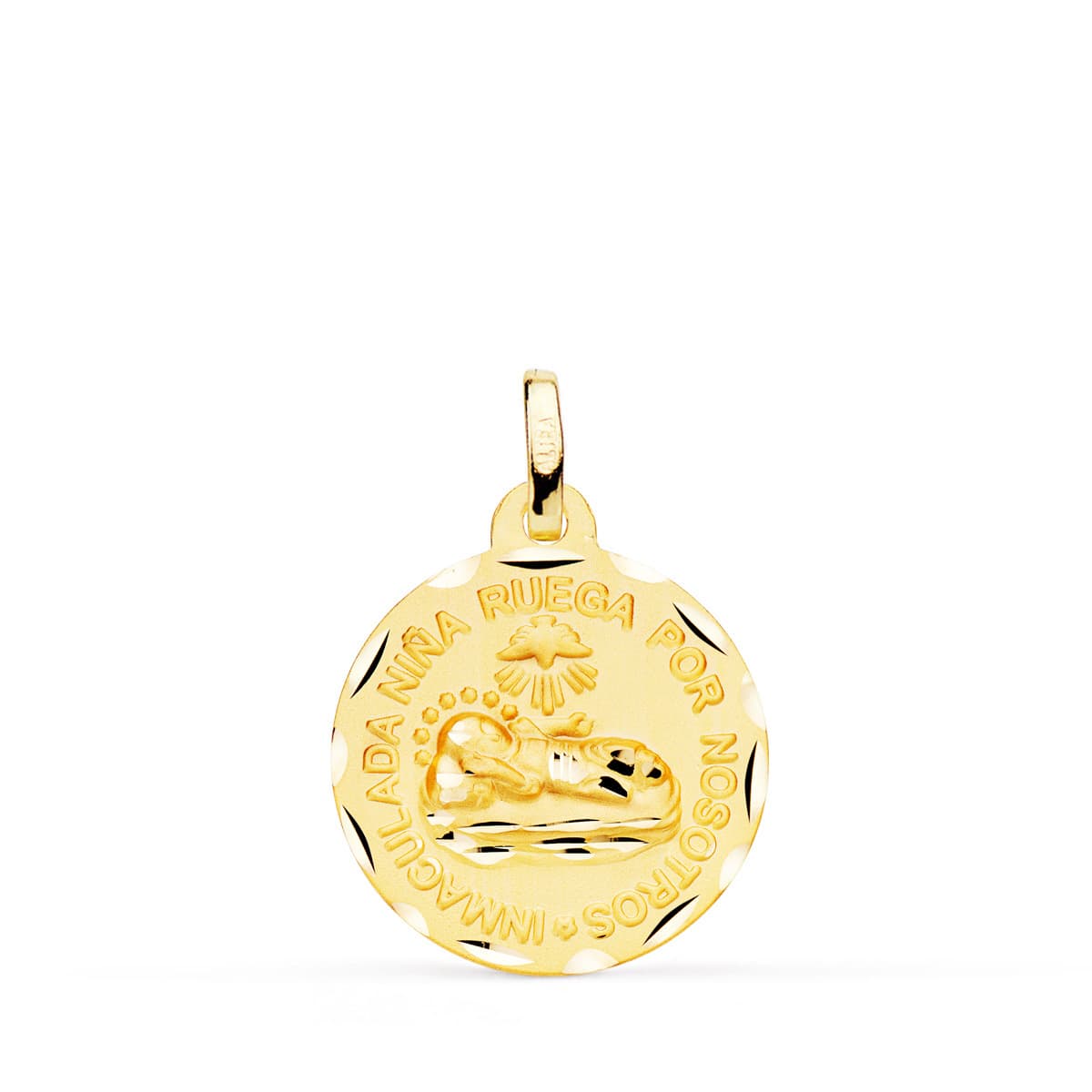 18K MEDALLA ORO AMARILLO INMACULADA NIÑA RUEGA POR NOSOTROS 18 MM