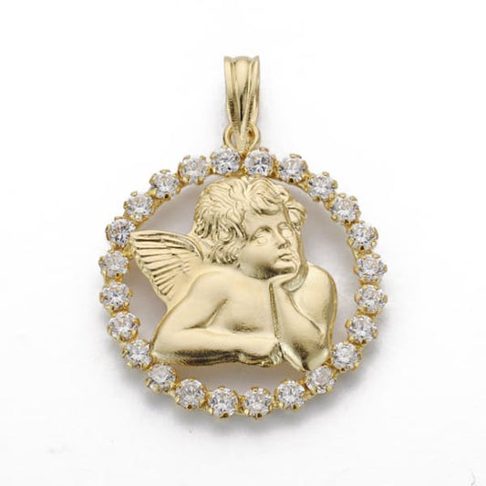 18K Medalla Silueta Oro Amarillo Angel Circonita 19 Mm