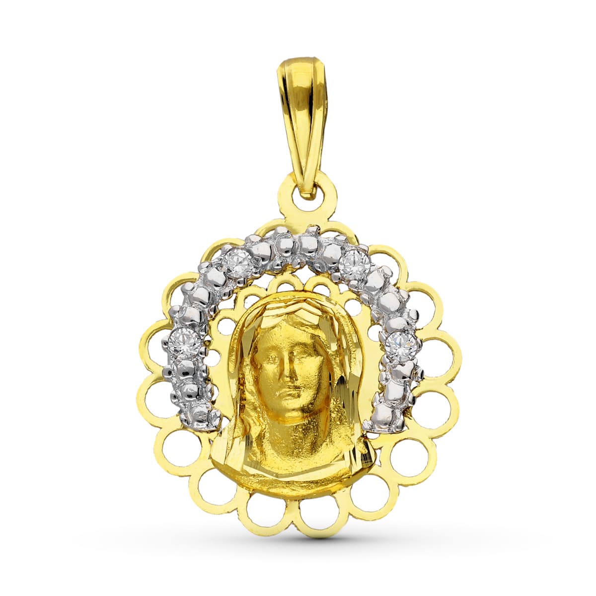 18K Medalla Oro Amarillo Oro Bicolor Virgen Niña 19X17 Mm