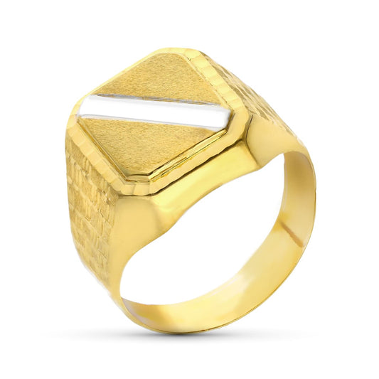 9K Sello Oro Amarillo Caballero Banda Oro Blanco Lateral Tallado. Medida: 16X14 Mm