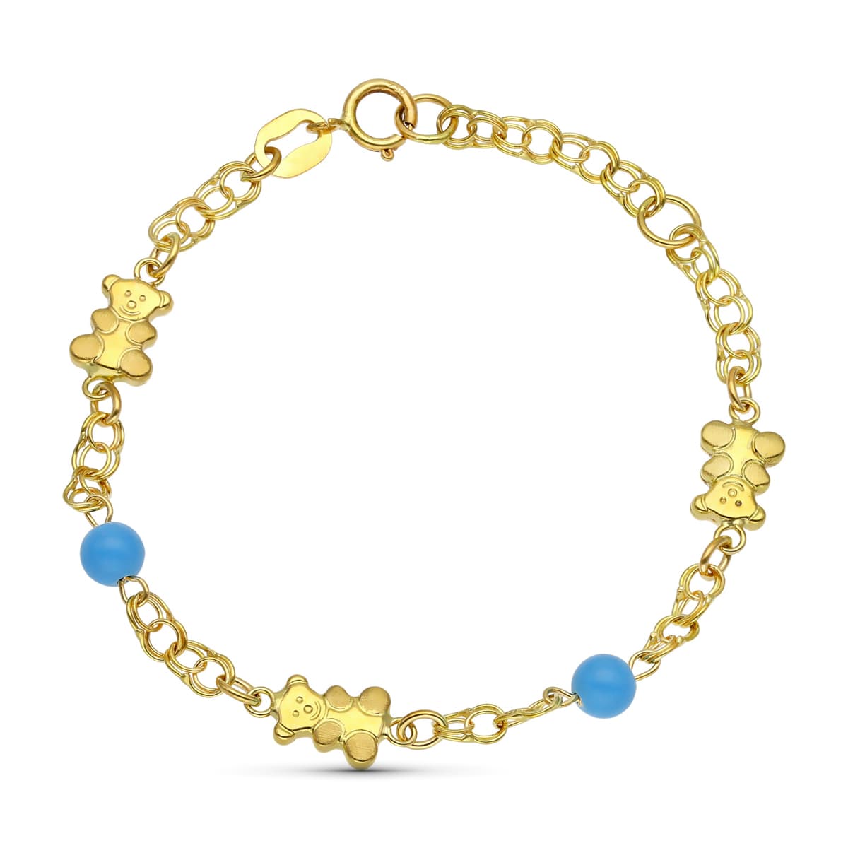 18K Pulsera Oro Amarillo Osos Y Turquesas 14Cm