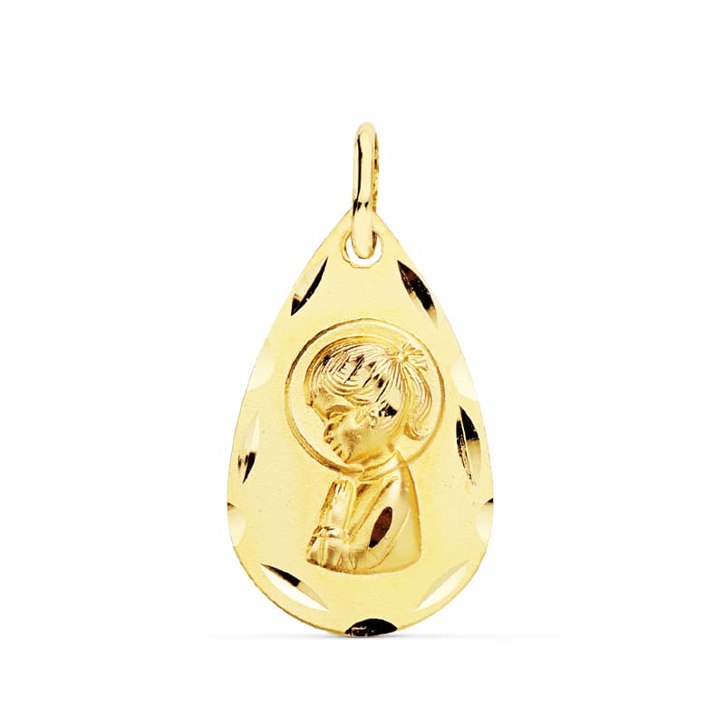 18K Medalla Oro Amarillo Virgen Niña Lagrima 19X11 Mm