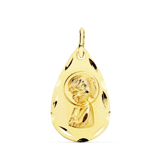 18K Medalla Oro Amarillo Virgen Niña Lagrima 19X11 Mm