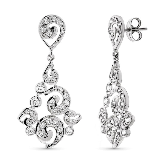 18K Pendientes Oro Blanco Largos Filigrana Cierre Presion