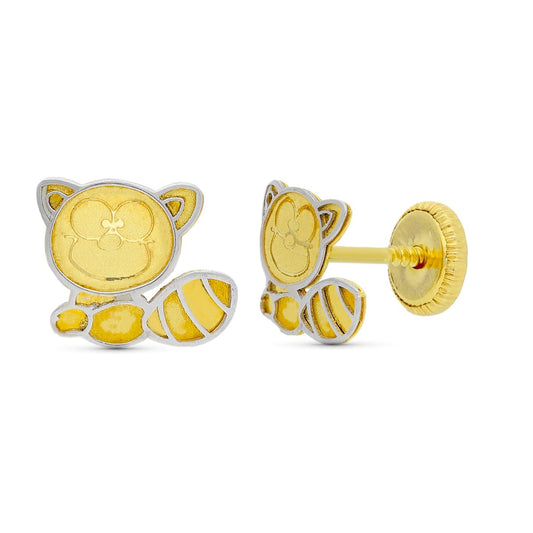 18K Pendientes Oro Bicolor Mapache. 8X6 Mm Cierre Tuerca