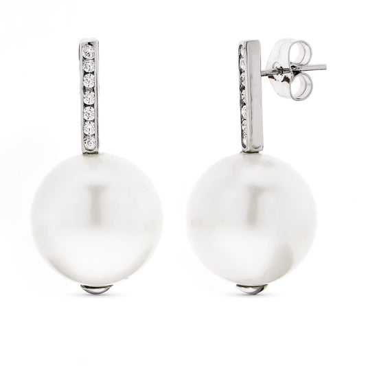 18K Pendientes Oro Blanco Largos Perla 14 Mm Y Circonita Cierre Presion